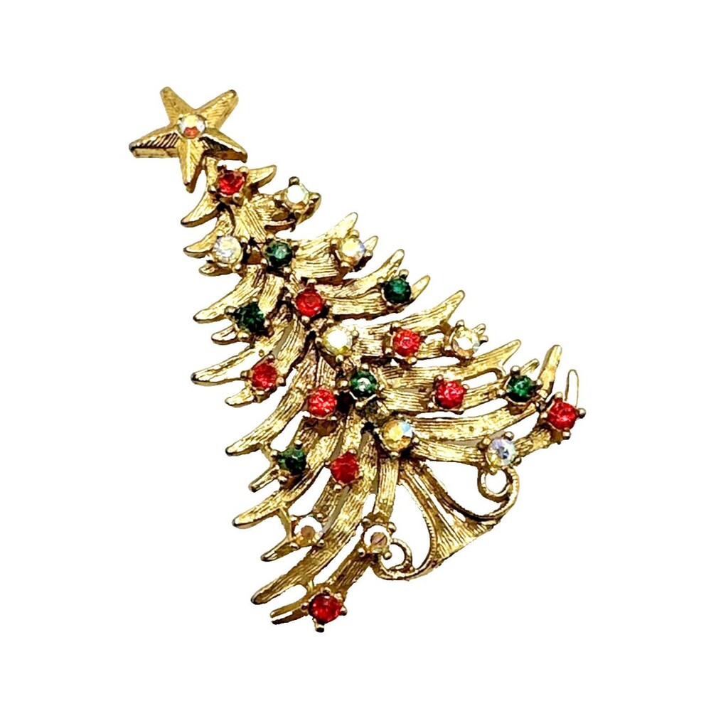 Vintage Tancer II Christmas Tree Brooch Pin 2.5" Red Green Rhinestone Gold Tone